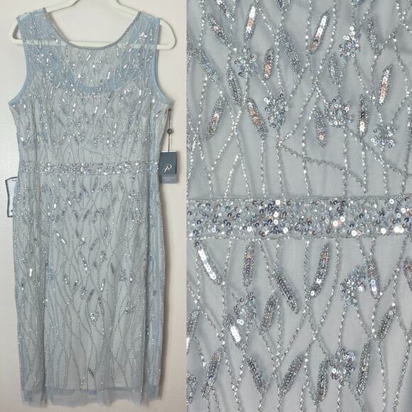 NWT ADRIANNA PAPELL DRESS 16 COCKTAIL SEQUIN BEADED BLUE SHORT SLEEVELESS PARTY - Picture 1 of 13